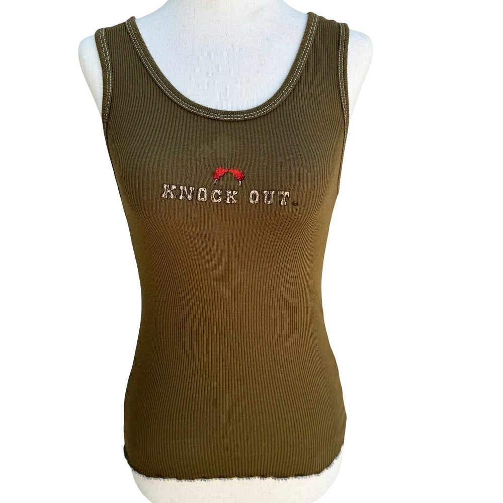 Major Damage Y2K Grunge‎ Knock Out Graphic Tank Top Green Rhinestone Womens M